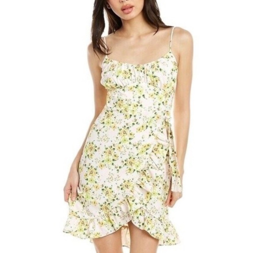 BCBGeneration Pink Yellow Floral Ruffle Wrap Mini Dress Size 4 Sleeveless Summer